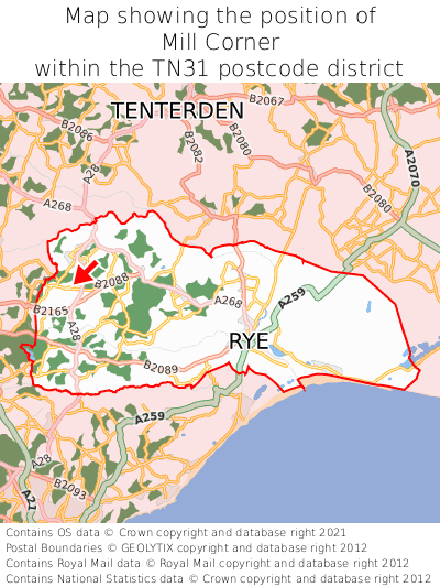 Map showing location of Mill Corner within TN31