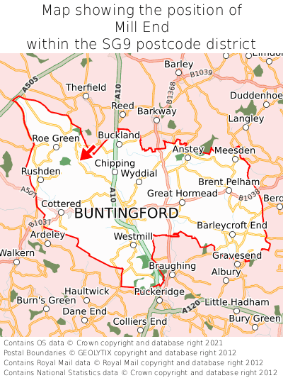 Map showing location of Mill End within SG9