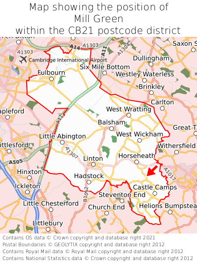 Map showing location of Mill Green within CB21