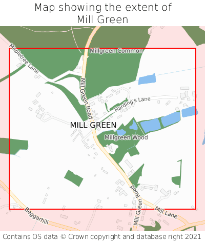 Map showing extent of Mill Green as bounding box