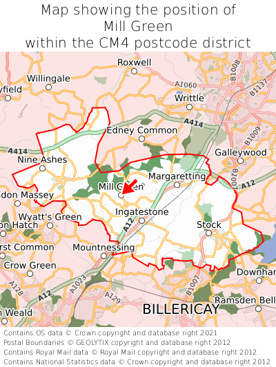 Map showing location of Mill Green within CM4