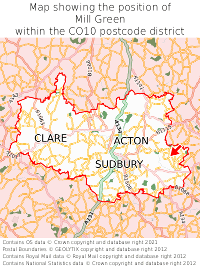 Map showing location of Mill Green within CO10