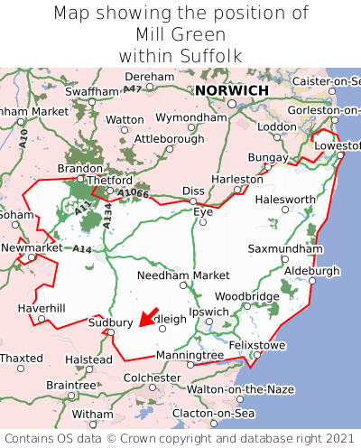 Map showing location of Mill Green within Suffolk