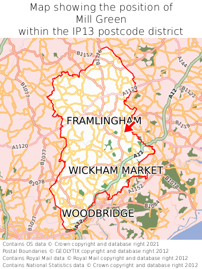 Map showing location of Mill Green within IP13
