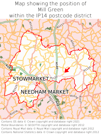Map showing location of Mill Green within IP14