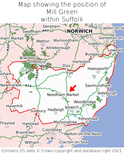 Map showing location of Mill Green within Suffolk