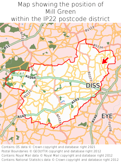 Map showing location of Mill Green within IP22