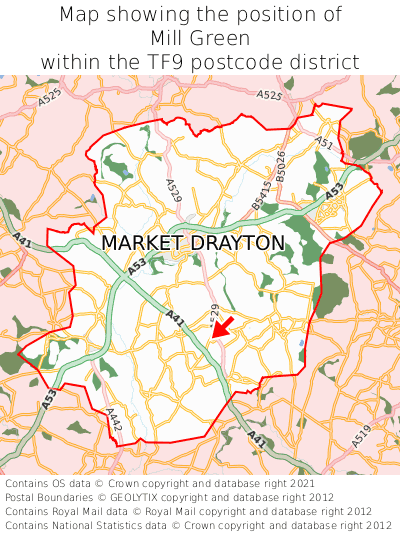 Map showing location of Mill Green within TF9