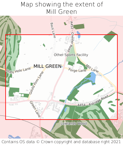 Map showing extent of Mill Green as bounding box