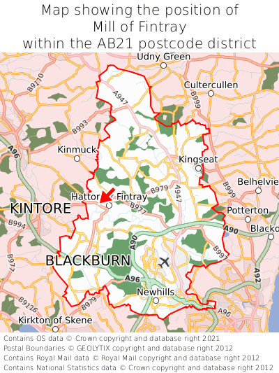 Map showing location of Mill of Fintray within AB21