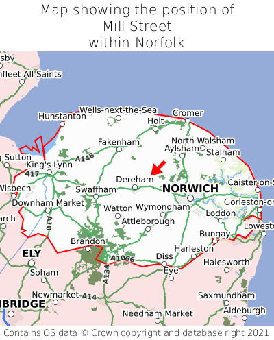 Map showing location of Mill Street within Norfolk