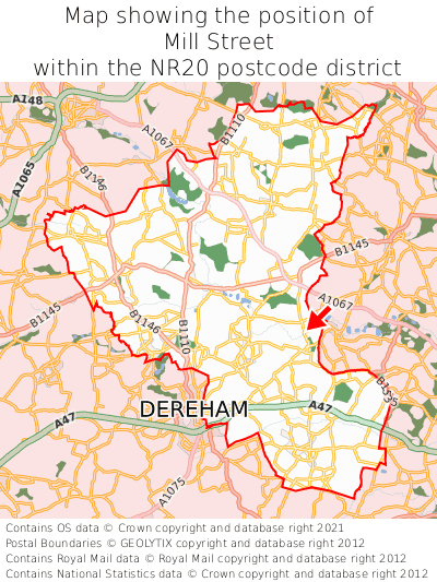 Map showing location of Mill Street within NR20