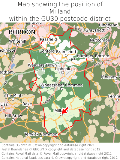 Map showing location of Milland within GU30