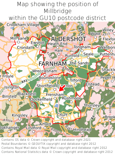 Map showing location of Millbridge within GU10