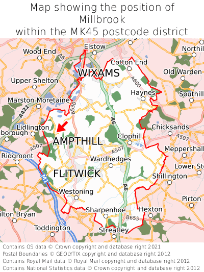 Map showing location of Millbrook within MK45
