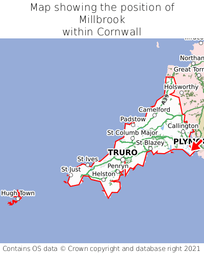 Map showing location of Millbrook within Cornwall