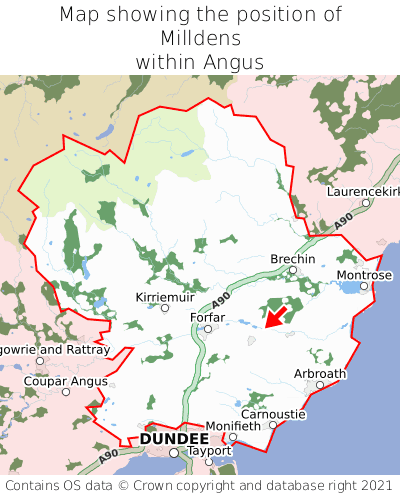 Map showing location of Milldens within Angus