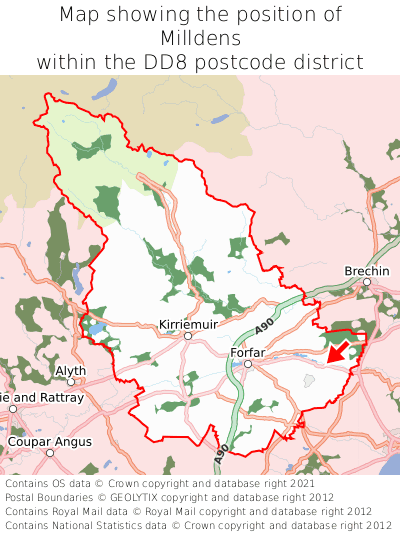 Map showing location of Milldens within DD8