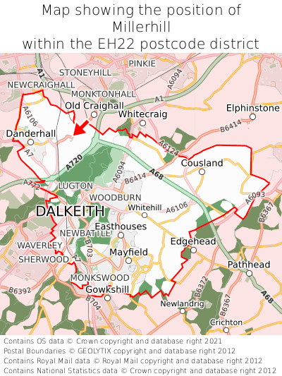 Map showing location of Millerhill within EH22