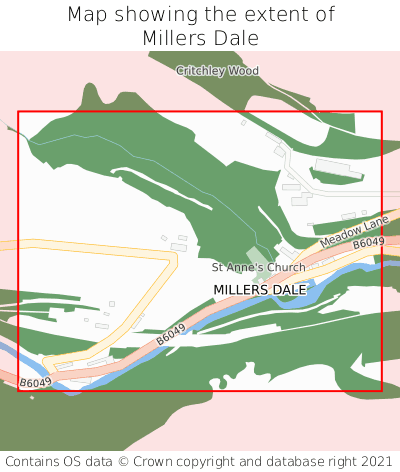 Map showing extent of Millers Dale as bounding box