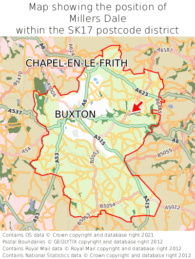 Map showing location of Millers Dale within SK17