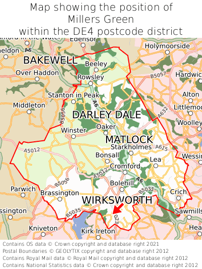 Map showing location of Millers Green within DE4