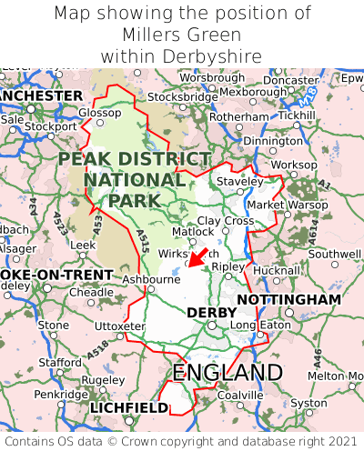 Map showing location of Millers Green within Derbyshire