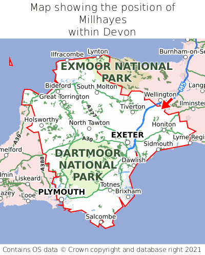 Map showing location of Millhayes within Devon