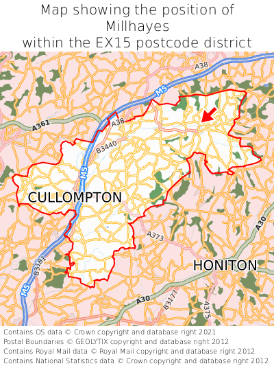 Map showing location of Millhayes within EX15