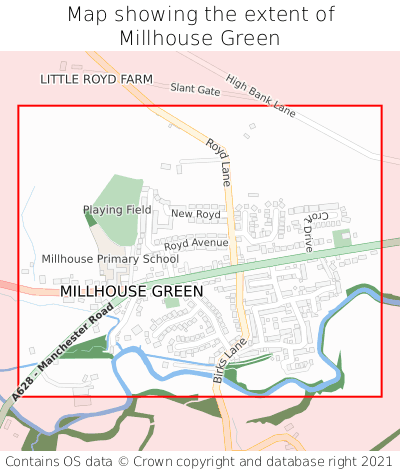 Map showing extent of Millhouse Green as bounding box