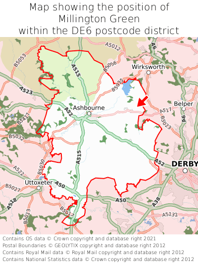 Map showing location of Millington Green within DE6