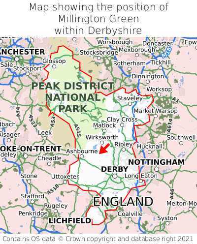 Map showing location of Millington Green within Derbyshire