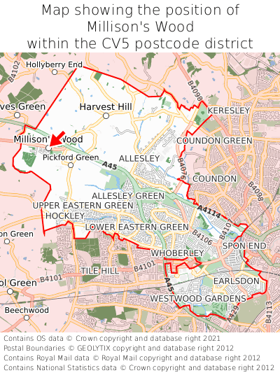 Map showing location of Millison's Wood within CV5