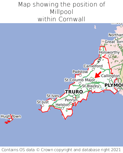 Map showing location of Millpool within Cornwall