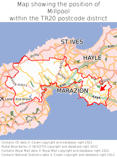 Map showing location of Millpool within TR20
