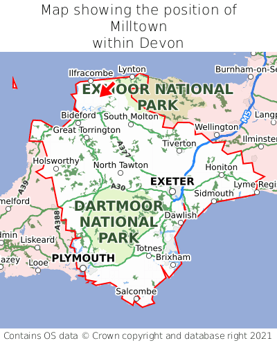 Map showing location of Milltown within Devon