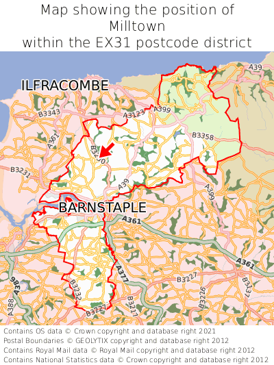 Map showing location of Milltown within EX31