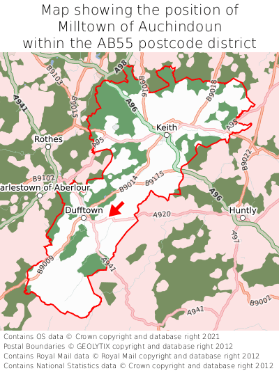 Map showing location of Milltown of Auchindoun within AB55