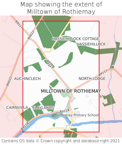 Map showing extent of Milltown of Rothiemay as bounding box