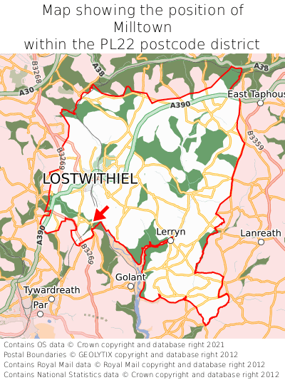 Map showing location of Milltown within PL22