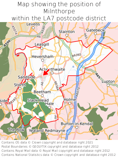 Map showing location of Milnthorpe within LA7