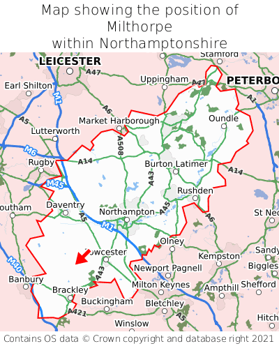 Map showing location of Milthorpe within Northamptonshire