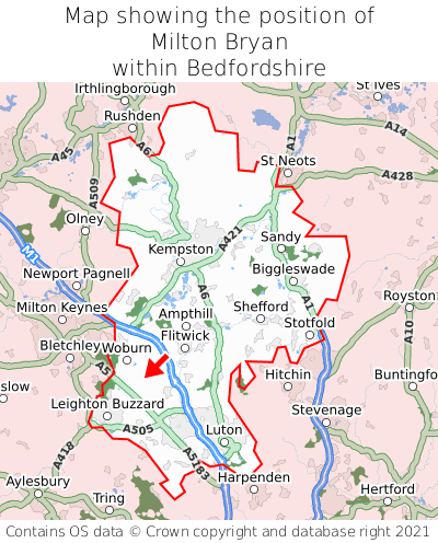 Map showing location of Milton Bryan within Bedfordshire
