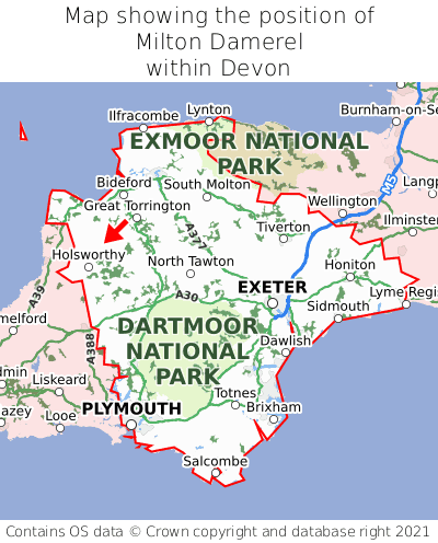 Map showing location of Milton Damerel within Devon