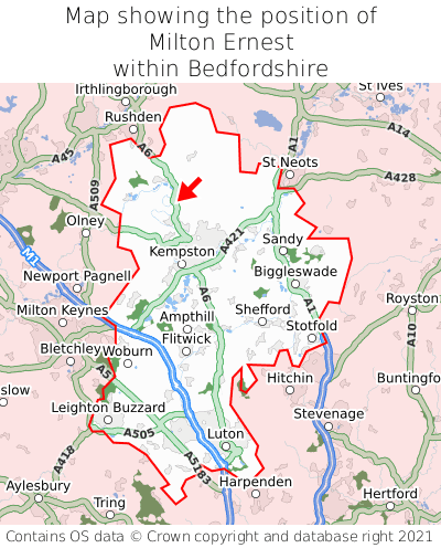 Map showing location of Milton Ernest within Bedfordshire