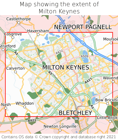 Map showing extent of Milton Keynes as bounding box