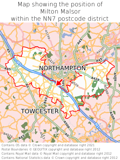 Map showing location of Milton Malsor within NN7