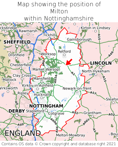 Map showing location of Milton within Nottinghamshire