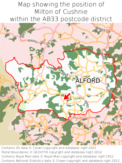 Map showing location of Milton of Cushnie within AB33