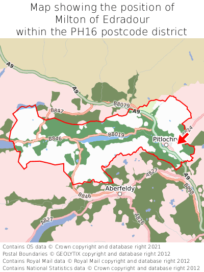 Map showing location of Milton of Edradour within PH16